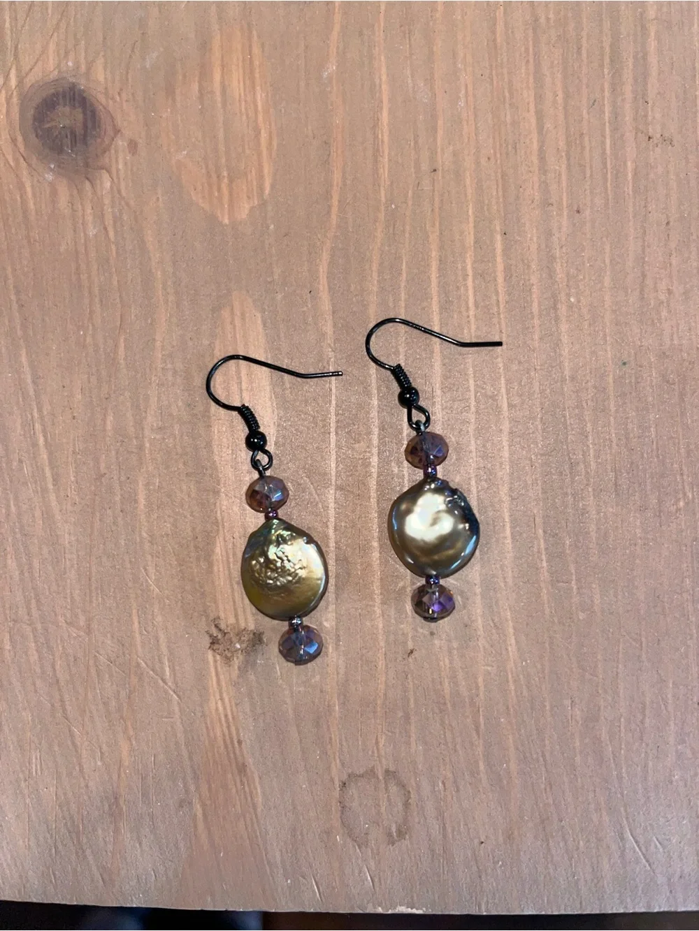 Bronze coin pearl earrings handmade ooak crystal genuine black wire handmade new